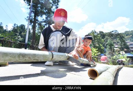 210822 -- RONGSHUI, 22. August 2021 -- Schüler Wu Liangyuan L schneidet am 21. August 2021 Bambusse mit seinem jüngeren Bruder, um Zäune im Dorf Wuying zu bauen, das an der Grenze zwischen der südchinesischen autonomen Region Guangxi Zhuang und der südwestchinesischen Provinz Guizhou liegt. Im Sommer 2021 führte ein ehrenamtliches Team aus Studenten und Mittelschülern die lokalen Schüler zu verschiedenen Aktivitäten wie der Pflege von Setzlingen, dem Erlernen immaterieller Kulturgüter und dem Sammeln alter landwirtschaftlicher Werkzeuge für Museen. CHINA-GUANGXI-WUYING DORF-STUDENTEN SOMMERURLAUB CN Stockfoto