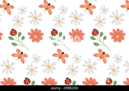 Niedliches Blumenmuster mit Schmetterling und rotem Käfer Stock Vektor