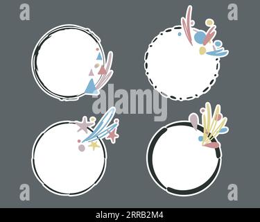 Festliche Rahmen, Rahmenaufkleber. Von Hand gezeichnete Pinselstriche, bunte Farbpalette. Geometrische Form des Kränzes. Leerer Rahmen, weiß Stock Vektor