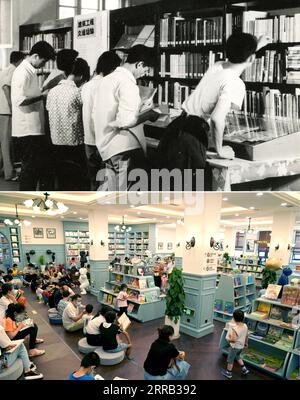 210829 -- XI AN, 29. Aug. 2021 -- Combo-Foto zeigt Menschen, die Bücher im Bell Tower Bookstore im 1970er-Jahre-Top lesen, bereitgestellt vom Bell Tower Bookstore und am 25. Aug. 2021 unten, aufgenommen von , in Xi an, Provinz Shaanxi im Nordwesten Chinas. Der Bell Tower Bookstore wurde 1955 als erste staatliche Buchhandlung in Xi an erbaut und war als kulturelles Wahrzeichen der Stadt bekannt. Um das kulturelle Erbe zu schützen, wurde 2008 der Buchladen an einen anderen Ort verlegt. Vor kurzem wurde der Bell Tower Bookstore nach der Instandhaltung wieder an seinen ursprünglichen Standort verlegt, wodurch das ursprüngliche A im Wesentlichen wiederhergestellt wurde Stockfoto