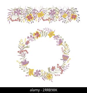 Von Hand gezeichnetes fantastisches Blumenbanner und Kranz. Vektorillustration für Blumenanordnung. Stock Vektor