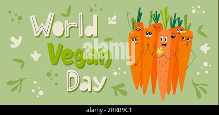 Weltweites veganes Tagesbanner mit handgezeichneter Schrift und emotionalen Karotten. Stock Vektor