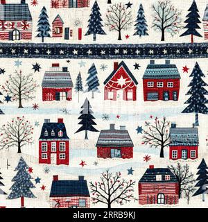 Rustikales landhaus mit primitivem Handnähstoff-Effekt. Gemütliches nostalgisches, schäbiges, hausgemachtes amerikanisches Kunsthandwerk im Winter Stockfoto