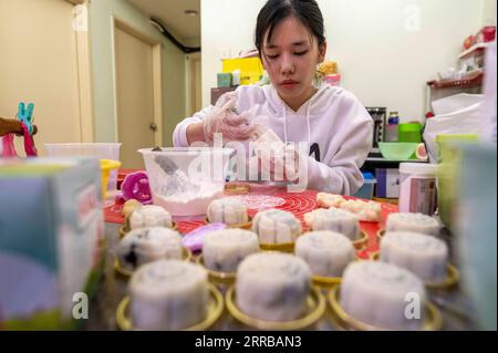 210911 -- KUALA LUMPUR, 11. September 2021 -- TEW Pei Yi macht Eismooncakes zu Hause in Kuala Lumpur, Malaysia, 11. September 2021. TEW Pei Yi war Angestellte eines Tourismusunternehmens in Malaysia, bis sie im vergangenen Jahr ihren Job verlor, da die Tourismusbranche von der COVID-19-Pandemie schwer betroffen war. Mit ihrem Interesse an der Herstellung von Gebäck begann sie, die Herstellung von Mondkuchen zu erforschen. Als sich das Mid-Autumn Festival nähert, haben die Eismassen, die sie durch ihre wiederholten Tests gemacht hat, von ihren Verwandten und Freunden gelobt und schließlich viele Kunden in den sozialen Medien gewonnen. Foto: /Xinhua MALAYSIA-KUALA LUMPUR-MOONCAKES MAKI Stockfoto