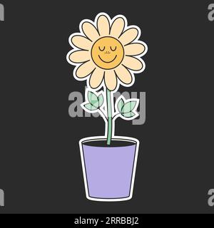 Groovige Hippieblume im Retro-Stil im 1970er-Stil. Zeichentrickblume im Topf auf schwarzem Hintergrund. Vektorillustration Stock Vektor