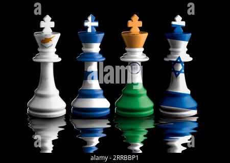 Griechenland, indien, israel und zypern Flaggen überstreichen Schach König. 3D-Illustration. Stockfoto