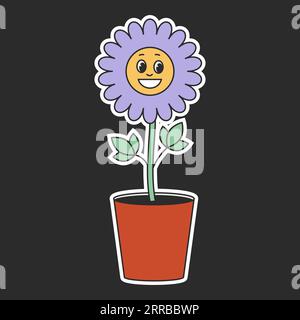Groovige Hippieblume im Retro-Stil im 1970er-Stil. Zeichentrickblume im Topf auf schwarzem Hintergrund. Vektorillustration Stock Vektor