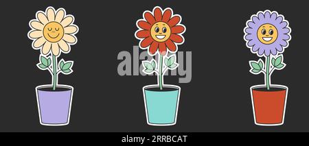 Set Retro groovige Hippie-Blumen im Stil von 1970. Comic-Kamille im Topf auf schwarzem Hintergrund. Vektorillustration Stock Vektor