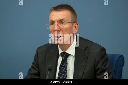 210914 -- RIGA, 14. September 2021 -- der lettische Außenminister Edgars Rinkevics spricht während einer Pressekonferenz in Riga, Lettland, 13. September 2021. Die Außen- und Verteidigungsminister Polens und der baltischen Länder Estland, Lettland und Litauen trafen sich hier am Montag, um sicherheitspolitische Fragen und regionale Herausforderungen zu erörtern, sagte das lettische Außenministerium. Foto: /Xinhua LETTLAND-RIGA-BALTISCHE POLNISCHE MINISTER-SITZUNG EdijsxPalens PUBLICATIONxNOTxINxCHN Stockfoto