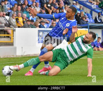 Chester, Cheshire, England, 28. August 2023. Chester’s Kole Hall wird während des Chester Football Club V Farsley Celtic Football Club in der Vanarama National League North im Deva Stadium angegriffen. (Bild: ©Cody Froggatt/Alamy Live News) Stockfoto