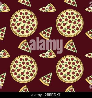 Nahtloses Muster für Pizza-Vektor. Fast Food Hintergrund. Von Hand gezeichnete Umrisszeichnung, wiederholte Illustration mit einer ganzen runden Pizza und Scheiben Stock Vektor
