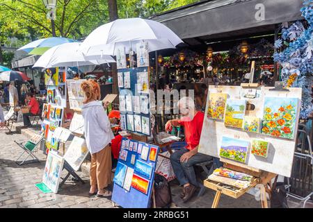 Künstler-Stände in Montmartre, Place du Tertre, Paris, Île-de-France, Frankreich Stockfoto