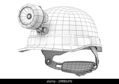 Schutzhelm oder Schutzkappe mit Taschenlampe und Ohrhörerschützer isoliert auf weißem Hintergrund. 3D-Renderkonzept von Schichten sichtbarer und unsichtbarer Linien Stockfoto