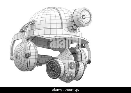 Schutzhelm oder Schutzkappe und Ohrhörerschützer isoliert auf weißem Hintergrund. 3D-Renderkonzept, bei dem Schichten sichtbarer und unsichtbarer Linien voneinander getrennt sind, Stockfoto