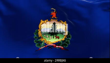 Nahaufnahme der Flagge des Bundesstaates Vermont, die im Wind winkt. Blauer Hintergrund mit Staatswappen und Motto. 3D-Illustrations-Rendering. Flatternder Stoff.Textur Stockfoto