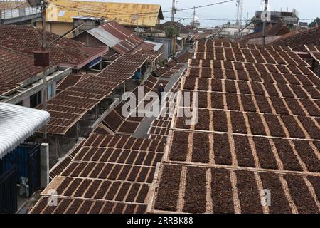 210927 -- TEMANGGUNG, 27. September 2021 -- Ein Arbeiter geht in der Nähe von getrockneten Tabakblättern in seinem Wohngebiet in Temanggung, Zentral-Java, Indonesien, 26. September 2021. Foto von /Xinhua INDONESIA-TEMANGUNG-TOBACCO LEAVES DasrilxRoszandi PUBLICATIONxNOTxINxCHN Stockfoto