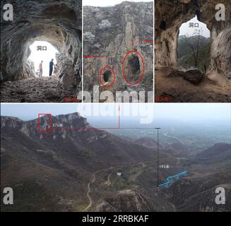 210927 -- ZHENGZHOU, 27. September 2021 -- Kombo-Foto zeigt eine Höhlenstätte, wo ein menschliches Schädelfossil aus 32.000 Jahren gefunden wurde, im Lushan County, in der zentralchinesischen Provinz Henan. Ein menschliches Schädel-Fossil aus 32.000 Jahren wurde in einer Höhlenstätte in Henan gefunden, so die örtlichen archäologischen Behörden am 27. September 2021. Die Höhlenanlage befindet sich in der Gemeinde GuanyIasi im Lushan County. Frühere paläolithische archäologische Untersuchungen in der Gegend haben menschliche Fossilien, tierische Fossilien und Steinwerkzeuge aufgedeckt. Henan Provincial Institute of Cultural Heritage and Archaeology/Handout über CHINA-HENAN-HUMAN SKUL Stockfoto