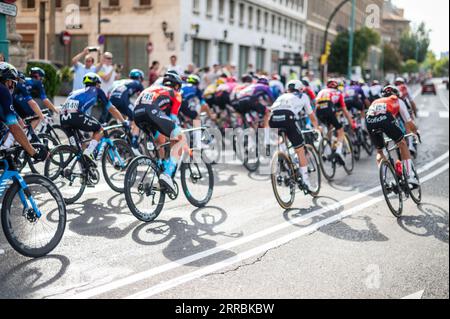 Die 12. Etappe der Vuelta a España, eines der führenden Radrennen im internationalen Kalender, erreicht Zaragoza, Aragon, Spanien, am 7. September Stockfoto