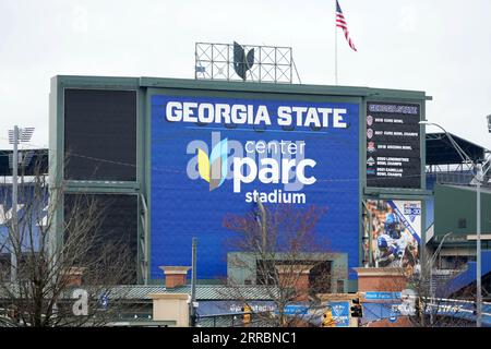 Ein allgemeiner Überblick über das Center Parc Stadium, Sonntag, 29. Januar 2023, in Atlanta. Das Stadion, auch bekannt als Turner Field, ist das Heimstadion der Georgia State Panthers Football. Stockfoto