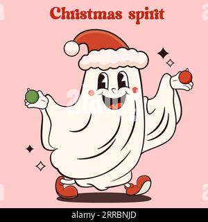 Weihnachtsgeister mit weihnachtsmannhut. Groovy Retro-Vektorillustration. Stock Vektor