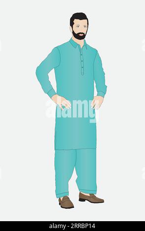 Mann, der die lokale Kleidung Pakistans trägt. Schalwar-Kameez-Vektor Stock Vektor