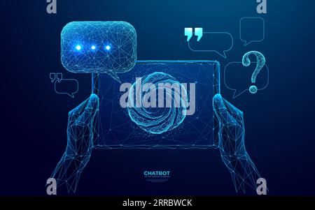 Abstrakte Nahaufnahme der Hände, die das Tablet mit Chatbot-Logo auf dem Bildschirm halten Stock Vektor