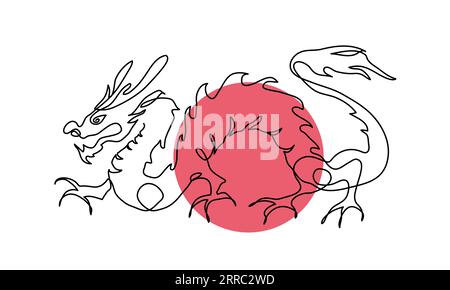 Japanische Drachenvektorillustration mit rotem Kreis. Eine durchgehende Linienzeichnung des Drachen Stock Vektor