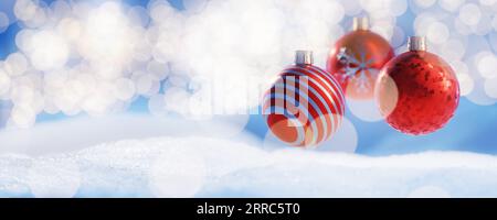 Weihnachtsdekoration in Weihnachtsbeleuchtung. Weihnachtskarte für Ihre Glückwünsche. Weihnachtskugeln für dein Design. 3D-Rendering. Stockfoto