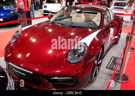 Cherry metallic Porsche 911 Targa 4S Heritage Design Edition 2021 presented at the 75 Years of Porsche Sports Cars anniversary show in June 2023 in Sofia, Bulgaria, Eastern Europe, Balkans, EU Stock Photo