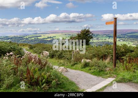 Ein Wegweiser, der den Weg zeigt, der vom Cow and Calf Rocks am Ilkley Moor zum Stadtzentrum führt. Stockfoto