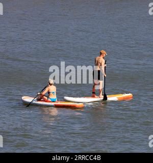 Paare genießen Stand Up Paddle Boarding in Jackson's Bay, Barry Island am heißesten Tag des Jahres - September 2023 Stockfoto