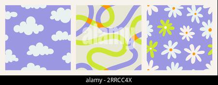 1970er-Pack mit nahtlosem Muster und naiven, groovigen Wellen und Wolken. Retrowave im Stil der 90er Jahre für Kinder. Lustige farbenfrohe Doodle-Hintergründe. Minimalistischer Kinderdruck in Neongrün und Lavendel Stock Vektor