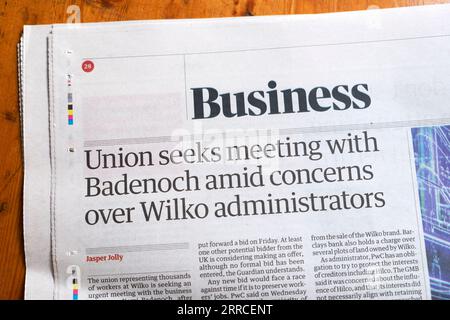 "Die Union möchte sich mit Badenoch treffen, weil sie sich Sorgen über die Schlagzeilen der Zeitung Wilko Administrators' Guardian macht, artikel 29. August 2023 London England Stockfoto