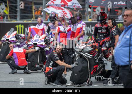 Barcelona, Spanien. 3. September 2023 Renntag. Moto GP Maverick Viñales (12) des Aprilia Racing Teams während der MotoGP Gran Premi Monster Energy de Catalunya. MotoGP 1-2-3 September 2023 auf dem Circuit de Barcelona-Catalunya in Barcelona, Spanien. Stockfoto