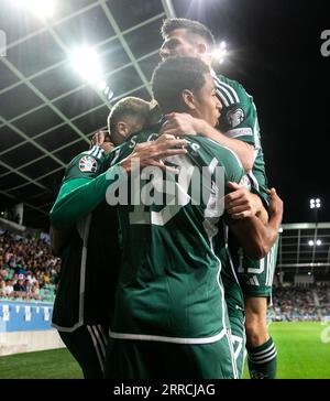 Der nordirische Isaac Price feiert das erste Tor seiner Mannschaft im Spiel mit seinen Teamkollegen während des Spiels der UEFA Euro 2024 in der Gruppe H im Stozice Stadium in Ljubljana. Bilddatum: Donnerstag, 7. September 2023. Stockfoto