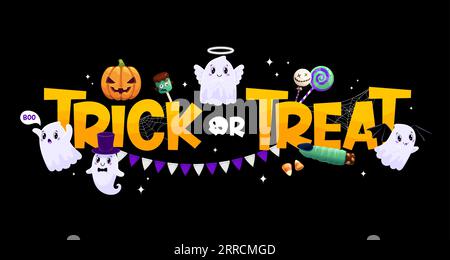 Mit niedlichen kawaii-Geisterfiguren und Süßigkeiten kannst du dein Banner tricksen oder verwöhnen. Vector Halloween Feiertag lustiger Kürbis, Schädel und Zombie Lollipops, Maisbonbons und Hexenfingerkeks, Spinnennetz und Flaggengirlande Stock Vektor