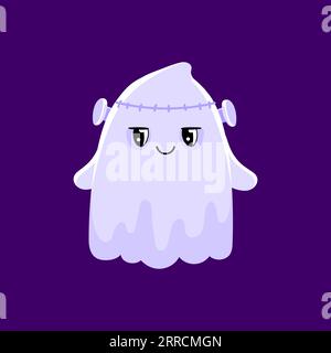 Comic niedlicher Halloween-Kawaii-Geist als Frankenstein-Monster, Vektor-lustige Buh-Figur. Halloween Halloween Halloween Halloween Horror Night Ghost im Frankenstein Kostüm, gruseliger Geist oder niedlicher Kawaii Poltergeist Charakter Stock Vektor