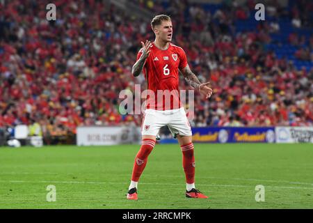 Joe Rodon of Wales reagiert während des internationalen Freundschaftsspiels Wales vs Korea Republic im Cardiff City Stadium, Cardiff, Großbritannien, 7. September 2023 (Foto: Mike Jones/News Images) Stockfoto