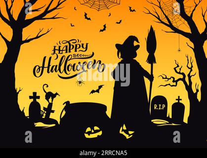 Halloween Hexensilhouette auf dem Friedhof, Vektor-Horror-Feiertagsfigur. Gruseliger Hexenschatten in Hut und cape mit Trankkessel, Kürbissen, Besen und Katzen, Fledermäusen, Spinnen und Spinnweben auf gruseligen Bäumen Stock Vektor