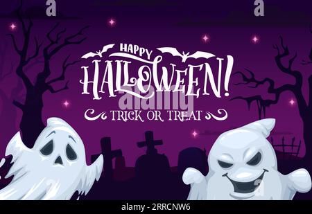 Comic Halloween Geist auf Mitternacht Friedhof Landschaft, Feiertag Horror Nacht, Vektor Hintergrund. Halloween Trick or Treat Party Poster mit gruseligen Buschgeistern und Grabsteinen auf dem Friedhof Stock Vektor