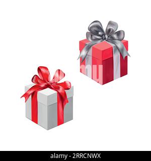 Geschenkboxen mit Satinbändern. Vektorillustration für die Neujahrszusammensetzung. Grußkarten, Weihnachtseinladungen, thematische Banner, Flyer. Stock Vektor