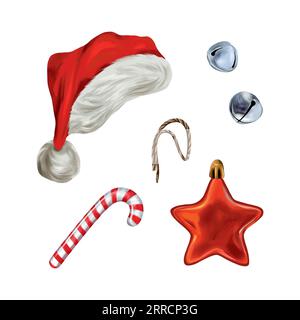 Weihnachtsmannhut, Zuckerrohr, Weihnachtsglocken, Stern. Vektorillustration für die Neujahrszusammensetzung. Grußkarten, Weihnachtseinladungen, Banner, Flyer. Stock Vektor