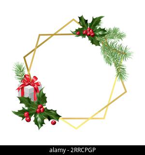 Goldener geometrischer Rahmen, stechpalme, Tannenzweig, Geschenk. Vektorillustration für die Neujahrszusammensetzung. Grußkarten, Weihnachtseinladungen, thematische Banner. Stock Vektor