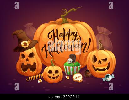 Cartoon Halloween Kürbisse und Weihnachtsbonbons für Horrornacht, Vektorplakat. Happy Halloween Grußkarte mit gruselig gruseligen Kürbis in Hexenhut mit Augenbonbon und Schädel auf Friedhof Cupcake Stock Vektor