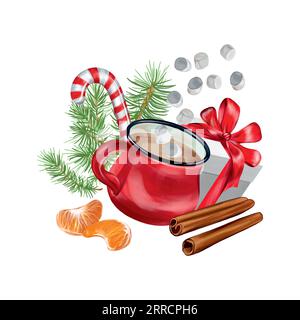 Heißgetränk in einem roten Becher, Marshmallow, Geschenk, Zimt, Mandarine, Fichtenzweige. Vektorillustration für die Neujahrszusammensetzung. Grußkarten Stock Vektor