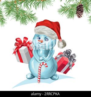 Cartoon-Schneemann im Hut des Weihnachtsmanns, Geschenke, Tannenzweig. Vektorillustration für die Neujahrszusammensetzung. Grußkarten, Weihnachtseinladungen, Banner. Stock Vektor