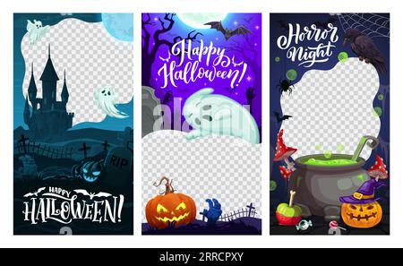 Social Media-Vorlagen für Halloween-Feiertage mit Monstern, Kürbissen und Geistern, Comicvektor. Halloween-Rahmen mit gruseliger Zombiehand aus dem Grab, Hexentrank und Spinnen auf dem Friedhof Stock Vektor