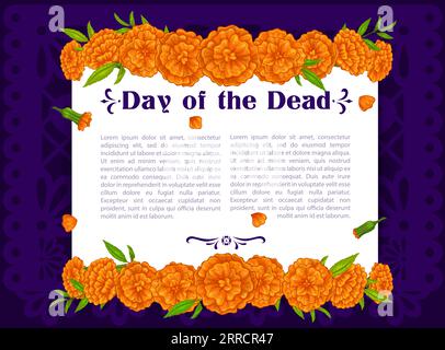 Marigold blüht auf dem Weihnachtsbanner „Dia de Los Muertos Day of the Dead“. Mexikanisches Halloween-Vektorplakat mit Umrandungen von orangen Blumengirlanden auf lila Papel Picado Papier geschnittene Flagge Hintergrund Stock Vektor