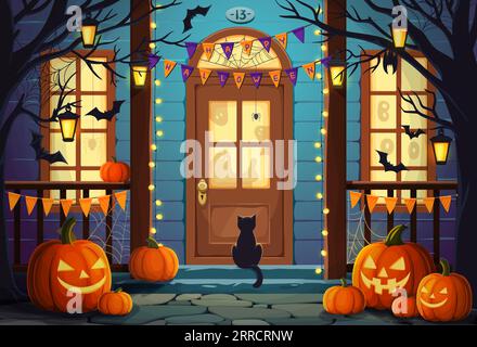 Halloween Tür und Veranda, Kürbisse und Hexenkatze mit Weihnachtsdekoration auf Haus, Vektorhintergrund. Glückliche Halloween-Grußkarte mit Geistern hinter dem Türeingang, Fledermäusen und Spinnennetz auf Bäumen Stock Vektor