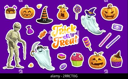 Halloween-Aufkleber mit VektorKürbissen, Hexenhut, gruseligen Geistern und Mumienfiguren. Cartoon Halloween Urlaub Trick oder behandeln Süßigkeiten, Kuchen und Lutscher, Cupcakes mit Zombie Monster Gehirn und Augen Stock Vektor